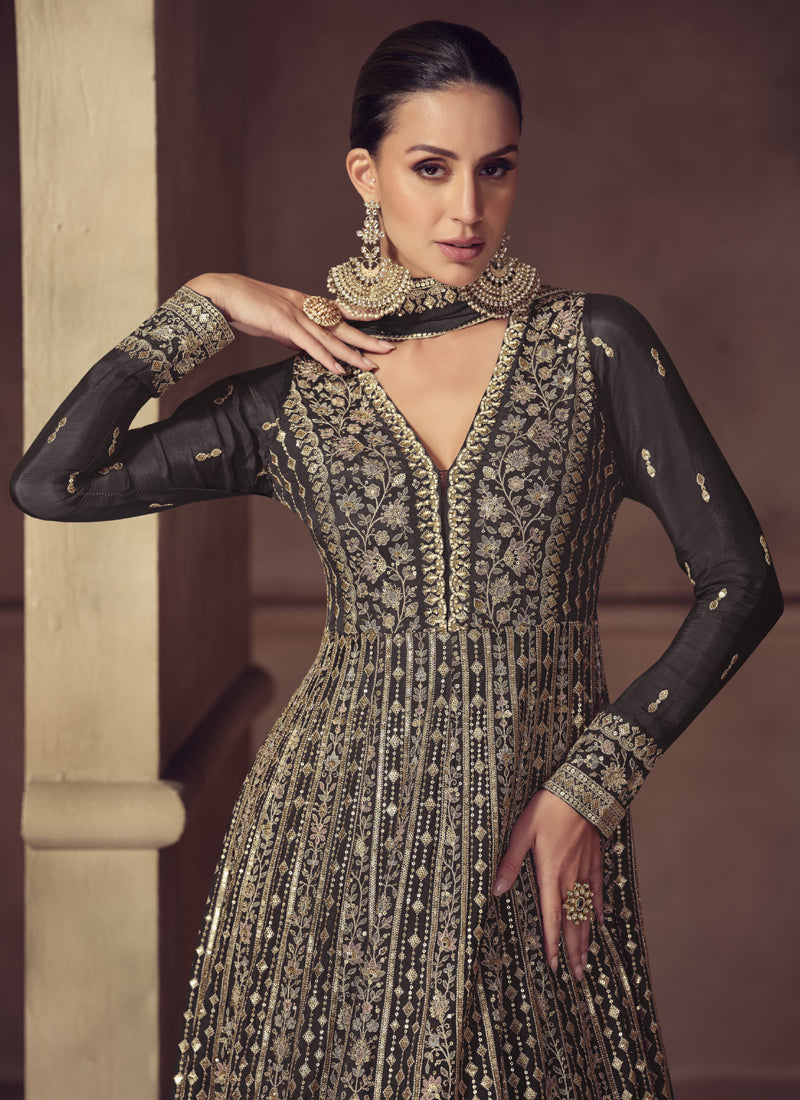 Vegaa Fashion Brown Chinon Silk Embroidered Designer Anarkali Suit | Grocsy