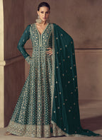 Vegaa Fashion Rama Green Chinon Silk Embroidered Designer Anarkali Suit | Grocsy