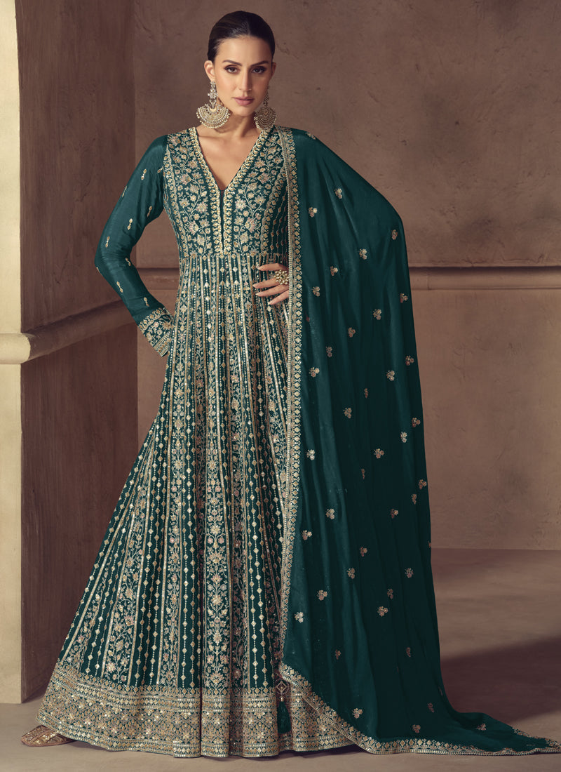 Vegaa Fashion Rama Green Chinon Silk Embroidered Designer Anarkali Suit | Grocsy