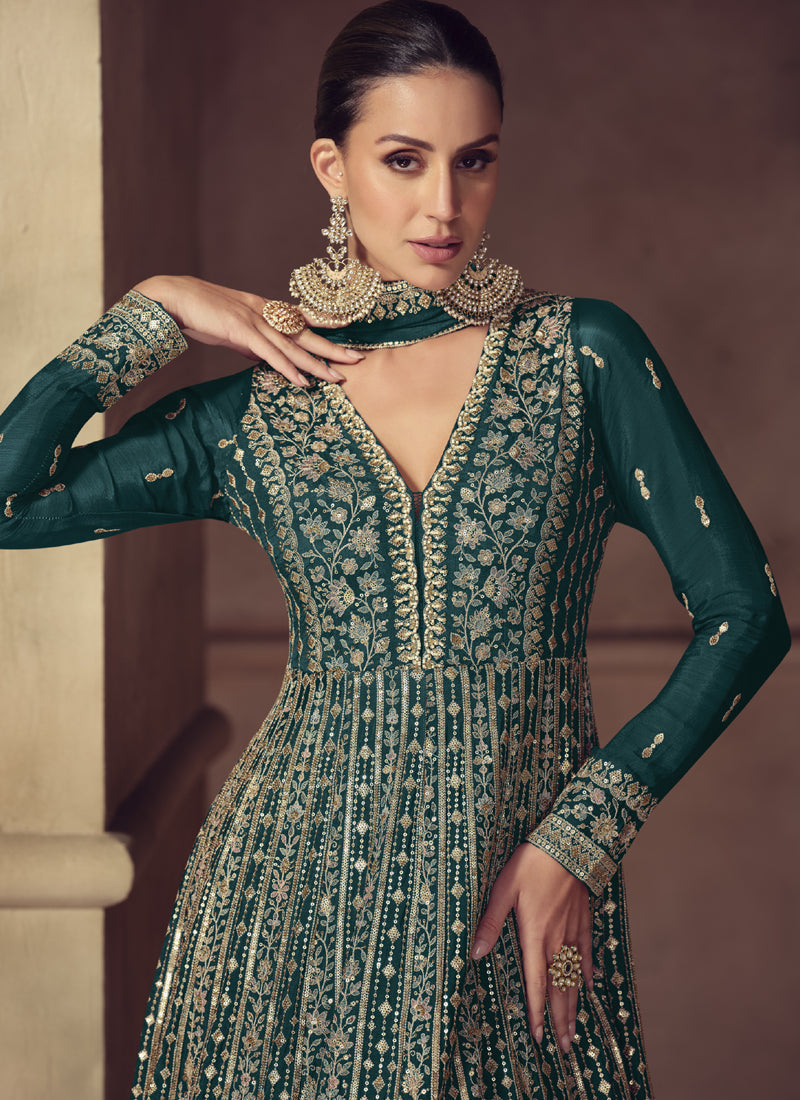 Vegaa Fashion Rama Green Chinon Silk Embroidered Designer Anarkali Suit | Grocsy
