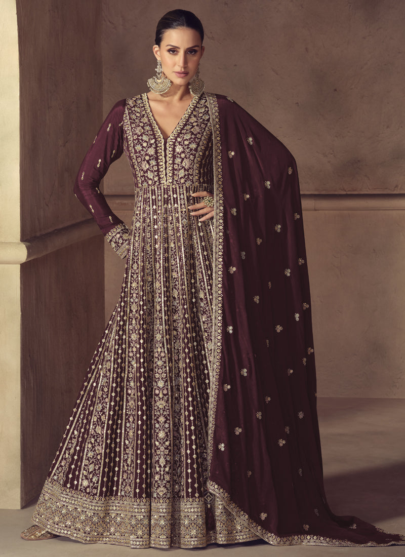 Vegaa Fashion Wine Chinon Silk Embroidered Designer Anarkali Suit | Grocsy
