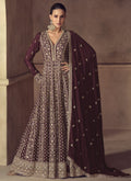 Vegaa Fashion Wine Chinon Silk Embroidered Designer Anarkali Suit | Grocsy