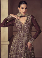 Vegaa Fashion Wine Chinon Silk Embroidered Designer Anarkali Suit | Grocsy