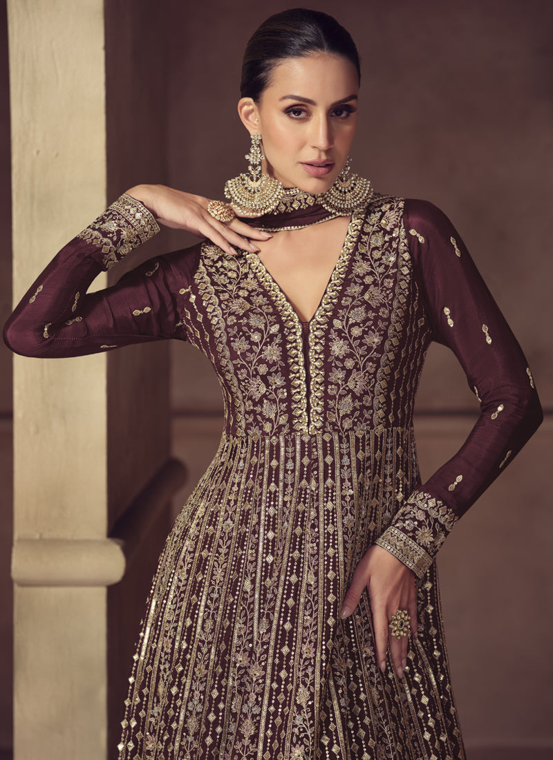 Vegaa Fashion Wine Chinon Silk Embroidered Designer Anarkali Suit | Grocsy