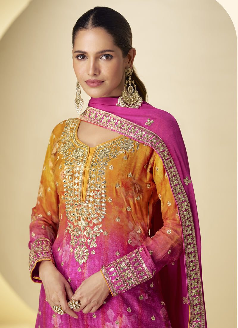 Vegaa Fashion Pink Chinon Silk Digital Print Designer Palazzo Suit | Grocsy