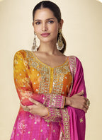 Vegaa Fashion Pink Chinon Silk Digital Print Designer Palazzo Suit | Grocsy