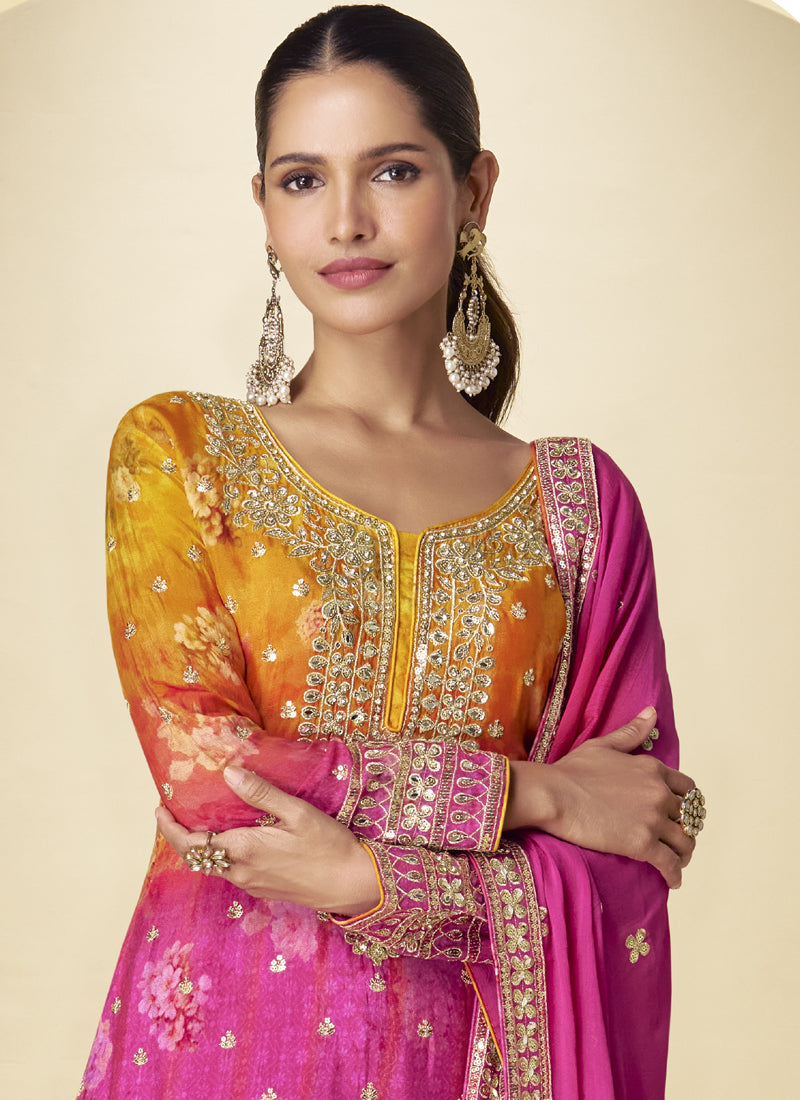 Vegaa Fashion Pink Chinon Silk Digital Print Designer Palazzo Suit | Grocsy