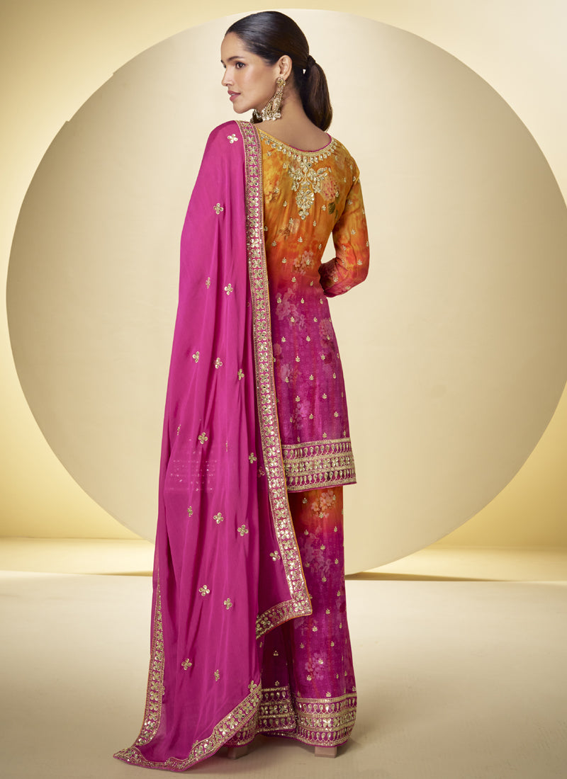 Vegaa Fashion Pink Chinon Silk Digital Print Designer Palazzo Suit | Grocsy