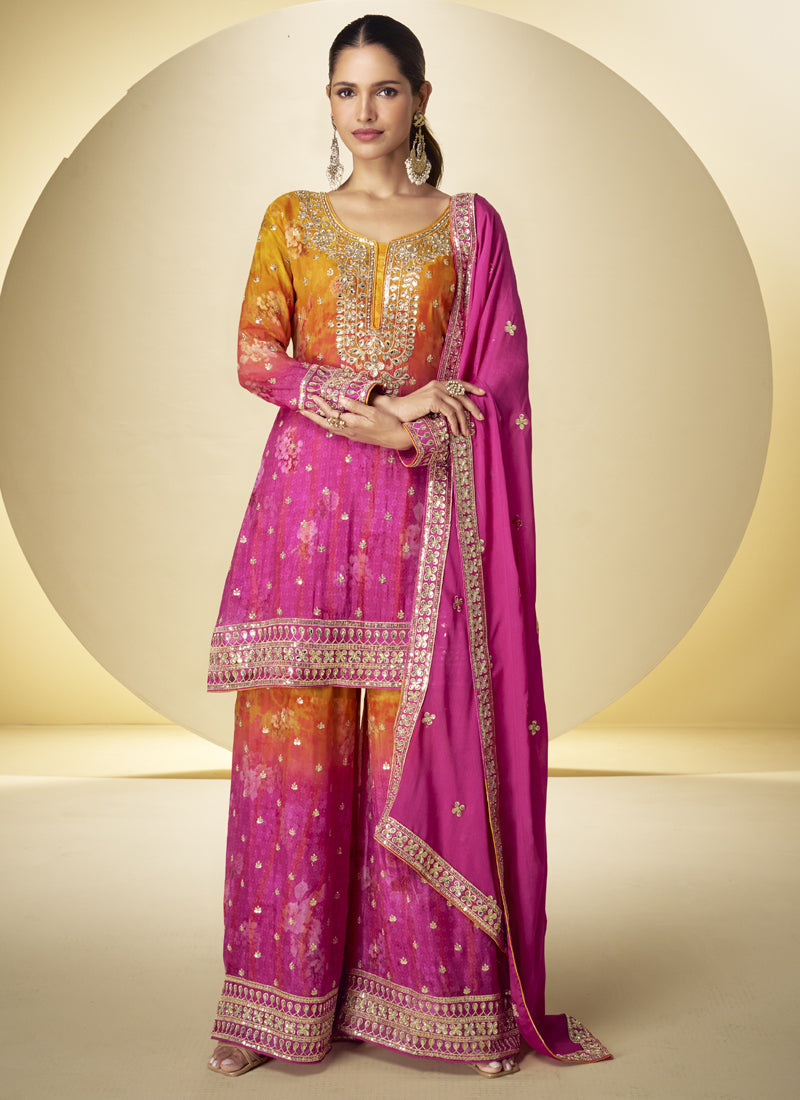 Vegaa Fashion Pink Chinon Silk Digital Print Designer Palazzo Suit | Grocsy