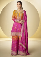 Vegaa Fashion Pink Chinon Silk Digital Print Designer Palazzo Suit | Grocsy