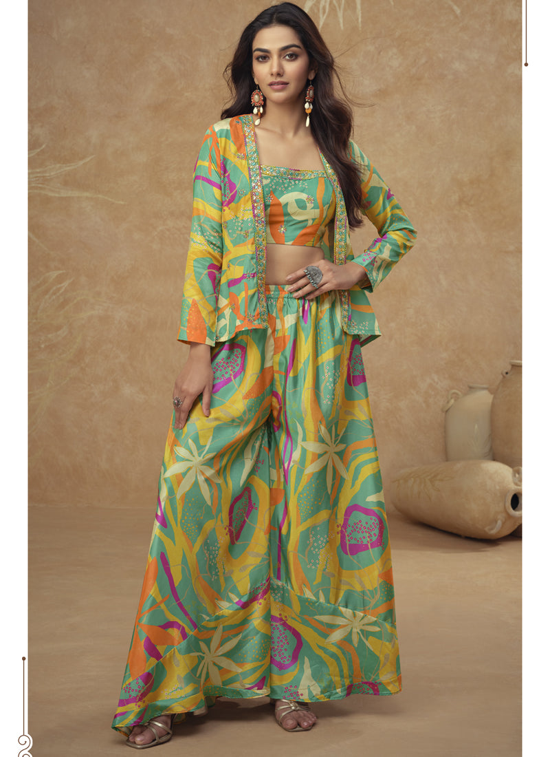 Vegaa Fashion Multicolor Chinon Silk Digital Print Western Style Palazzo Suit | Grocsy