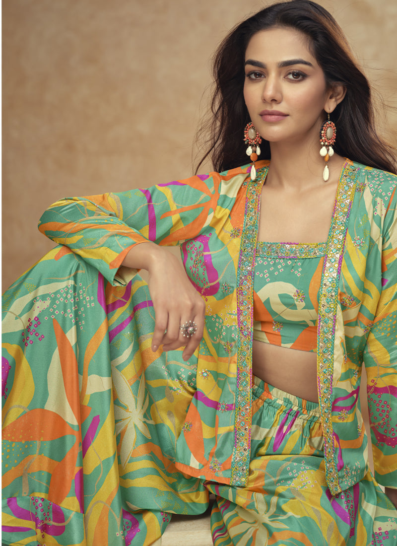 Vegaa Fashion Multicolor Chinon Silk Digital Print Western Style Palazzo Suit | Grocsy