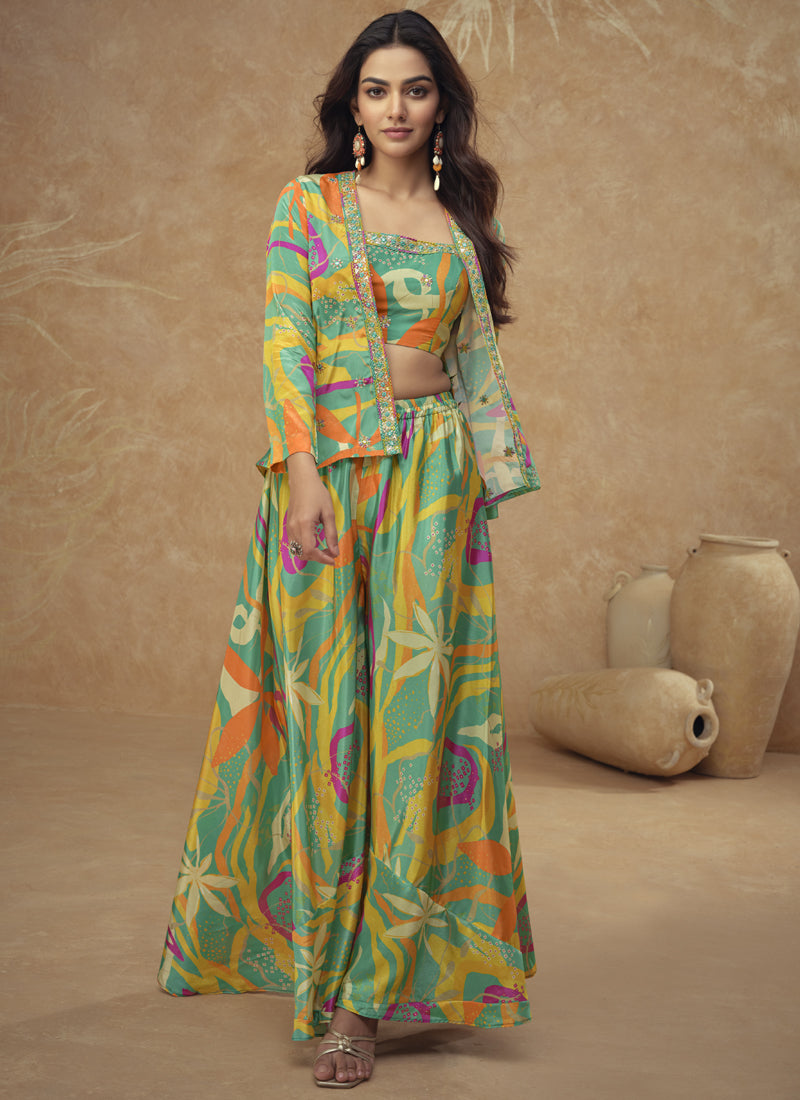 Vegaa Fashion Multicolor Chinon Silk Digital Print Western Style Palazzo Suit | Grocsy