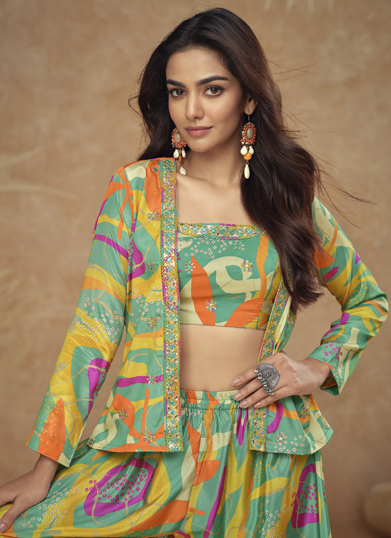 Vegaa Fashion Multicolor Chinon Silk Digital Print Western Style Palazzo Suit | Grocsy