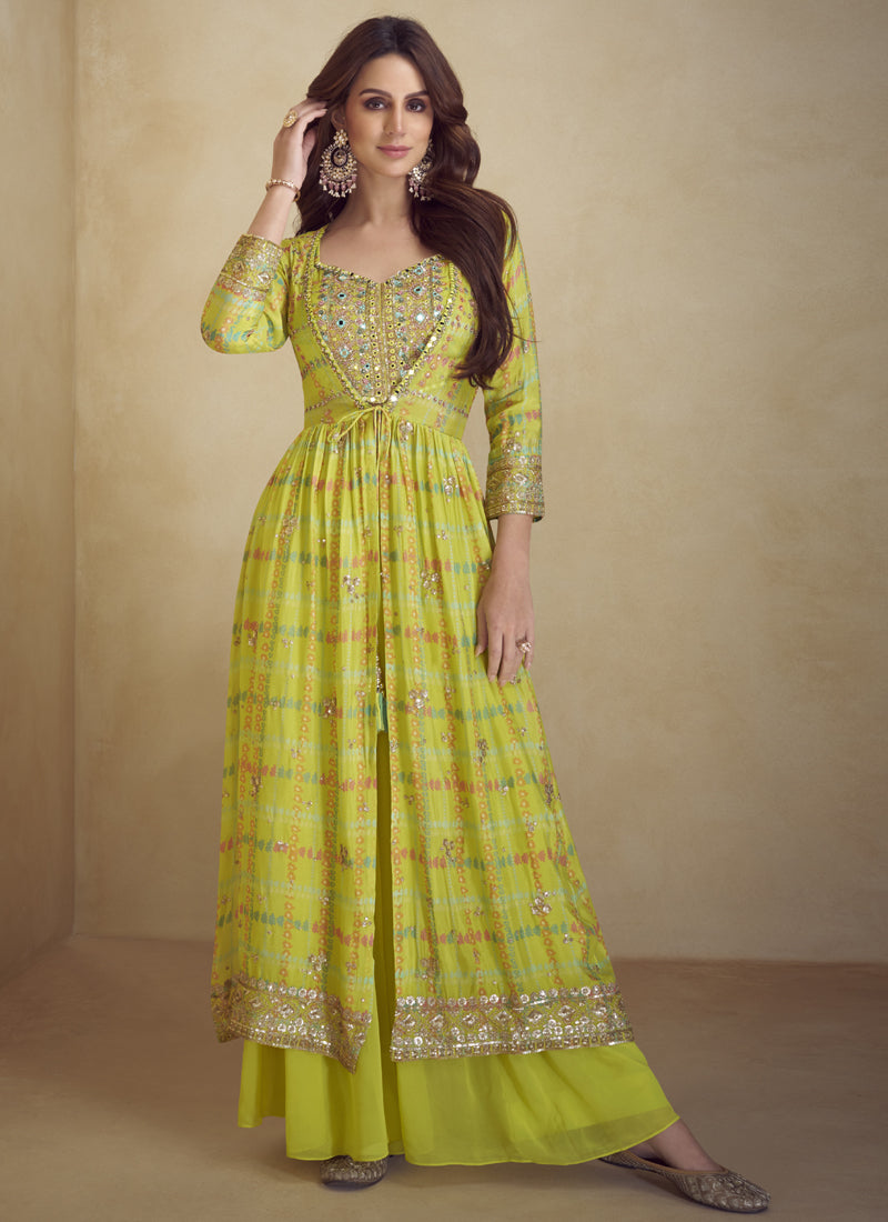 Vegaa Fashion Yellow Chinon Silk Digital Print Western Style Palazzo Suit | Grocsy