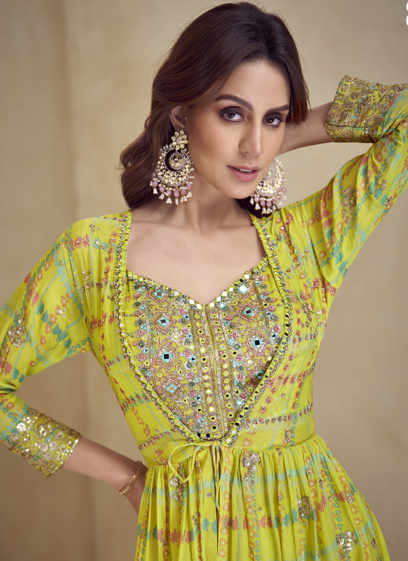 Vegaa Fashion Yellow Chinon Silk Digital Print Western Style Palazzo Suit | Grocsy