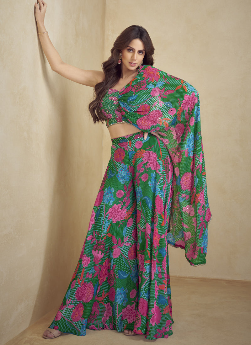 Vegaa Fashion Green Chinon Silk Digital Print Western Style Palazzo Suit | Grocsy