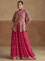 Vegaa Fashion Pink Chinon Silk Embroidered Designer Palazzo Suit | Grocsy