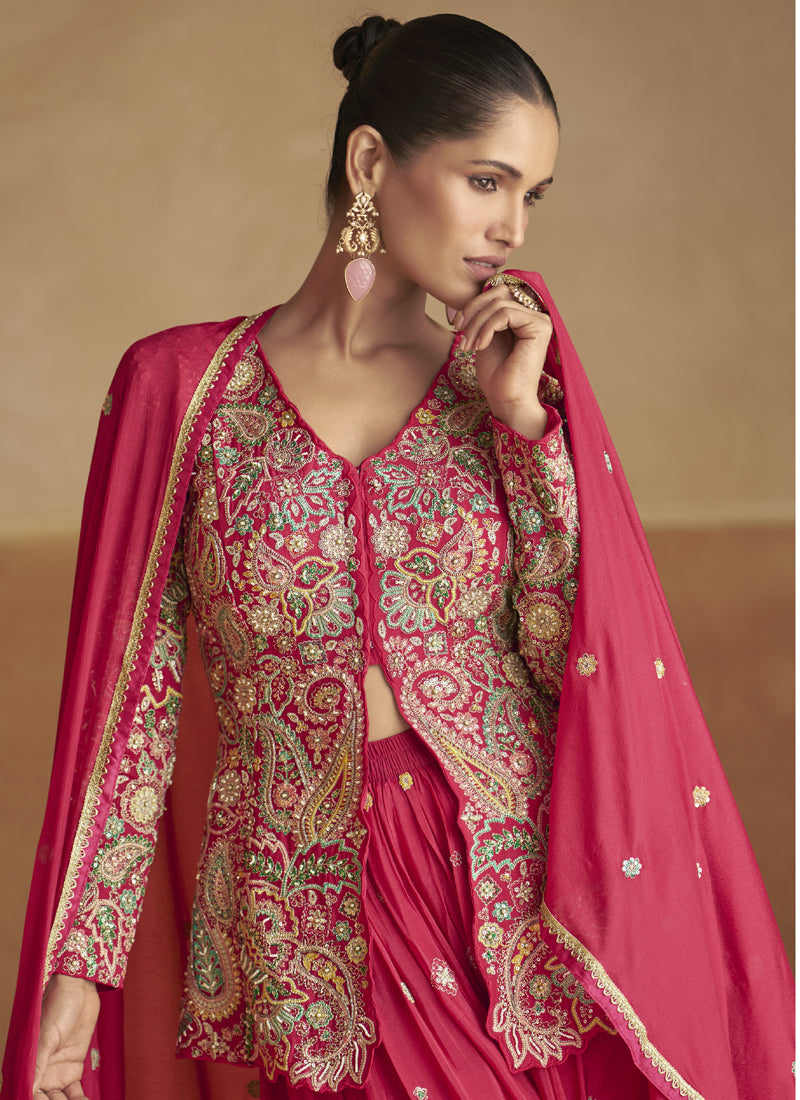 Vegaa Fashion Pink Chinon Silk Embroidered Designer Palazzo Suit | Grocsy