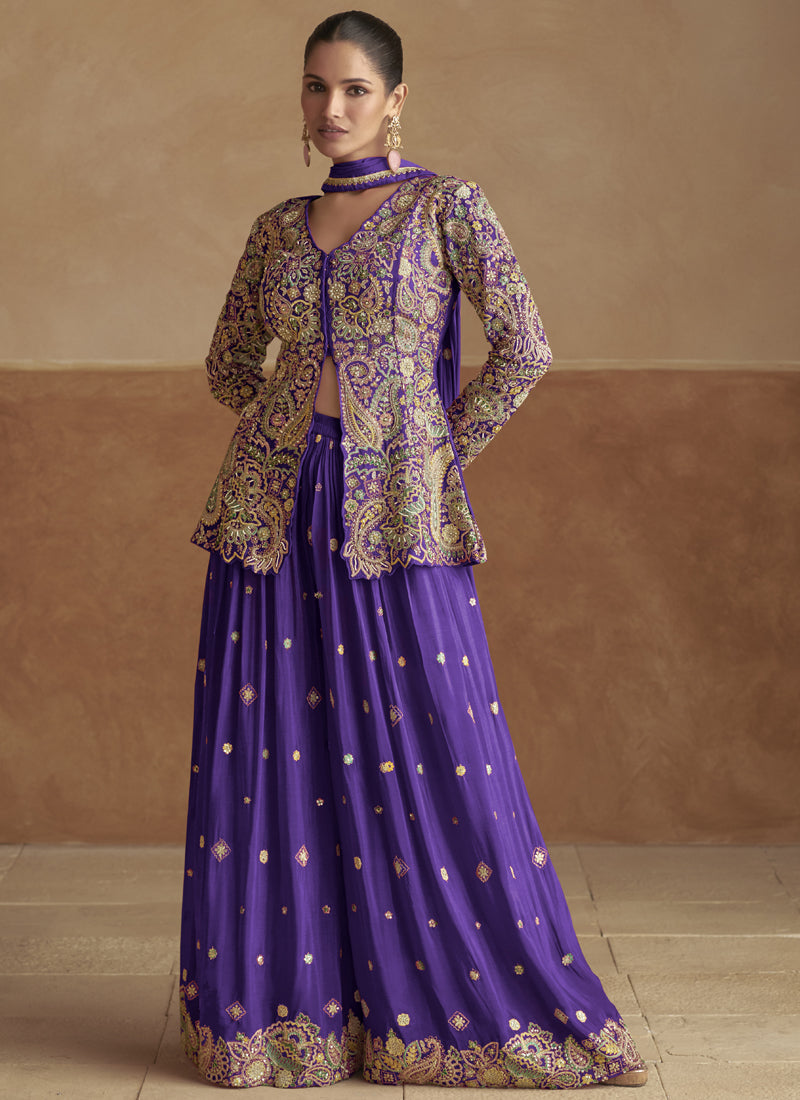 Vegaa Fashion Violet Pink Chinon Silk Embroidered Designer Palazzo Suit | Grocsy