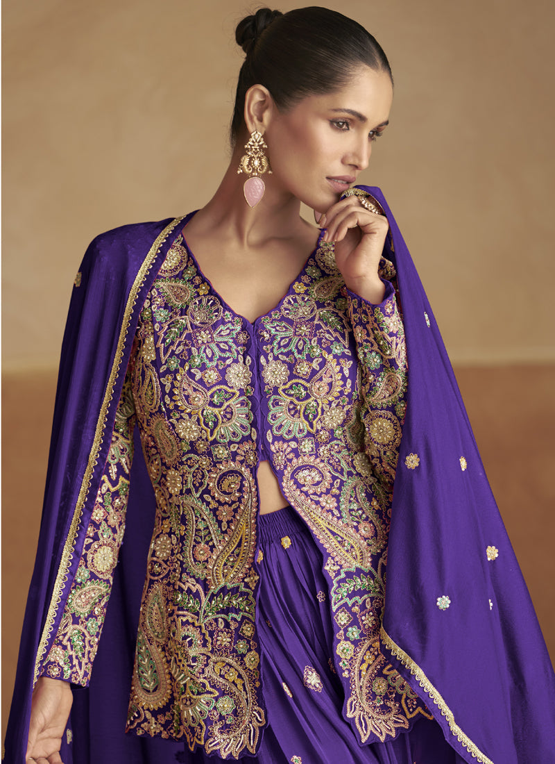 Vegaa Fashion Violet Pink Chinon Silk Embroidered Designer Palazzo Suit | Grocsy