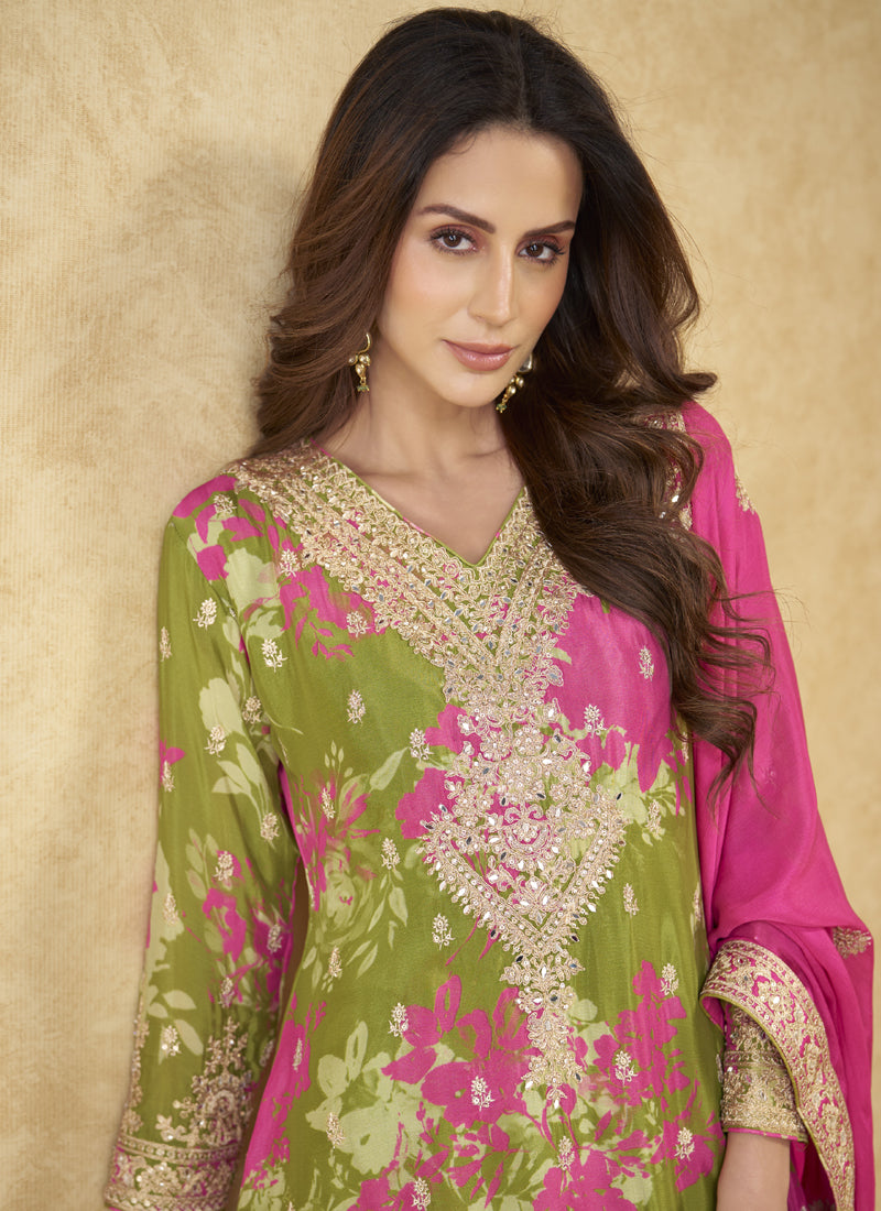 Vegaa Fashion Mehendi Chinon Silk Digital Print Designer Palazzo Suit | Grocsy