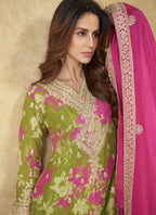 Vegaa Fashion Mehendi Chinon Silk Digital Print Designer Palazzo Suit | Grocsy
