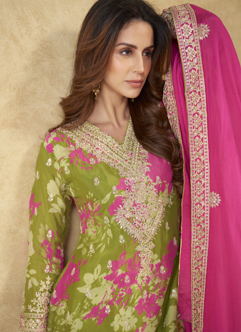 Vegaa Fashion Mehendi Chinon Silk Digital Print Designer Palazzo Suit | Grocsy