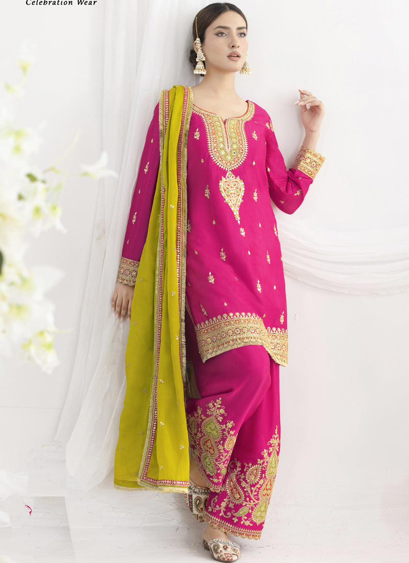 Vegaa Fashion Pink Chinon Silk Embroidered Designer Salwar Suit | Grocsy