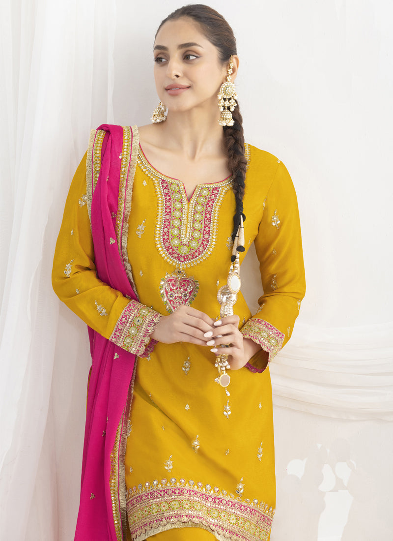 Vegaa Fashion Yellow Chinon Silk Embroidered Designer Salwar Suit | Grocsy