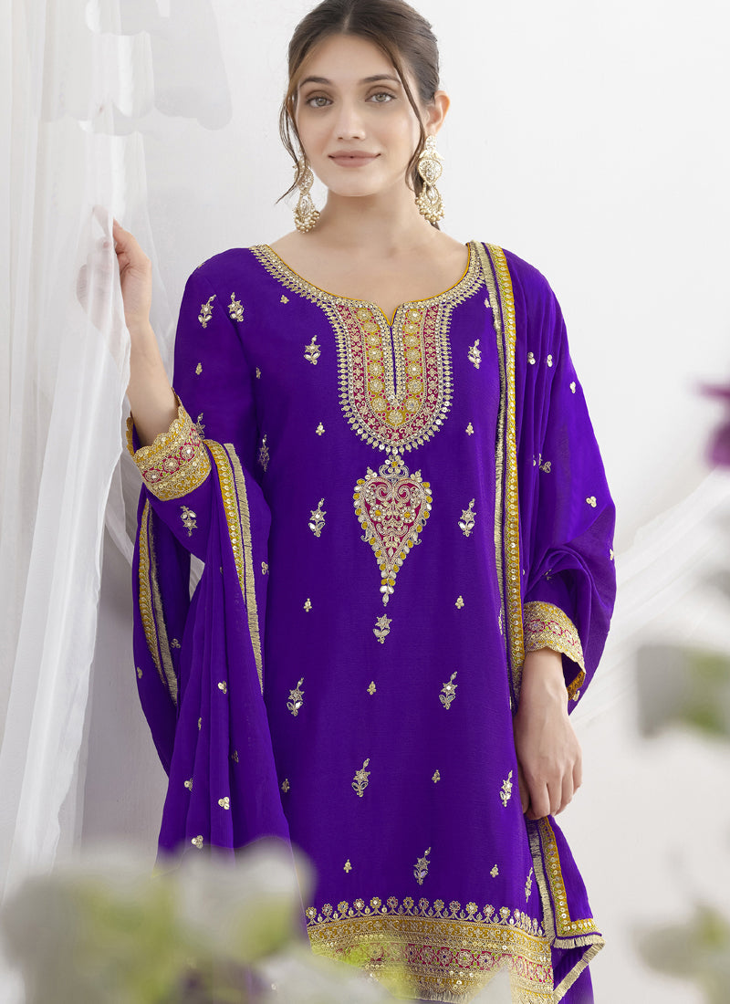 Vegaa Fashion Violet Chinon Silk Embroidered Designer Salwar Suit | Grocsy
