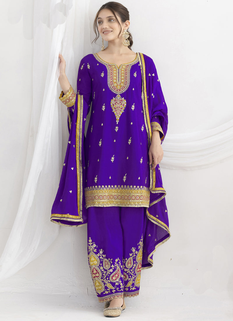 Vegaa Fashion Violet Chinon Silk Embroidered Designer Salwar Suit | Grocsy