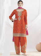Vegaa Fashion Orange Chinon Silk Embroidered Designer Salwar Suit | Grocsy