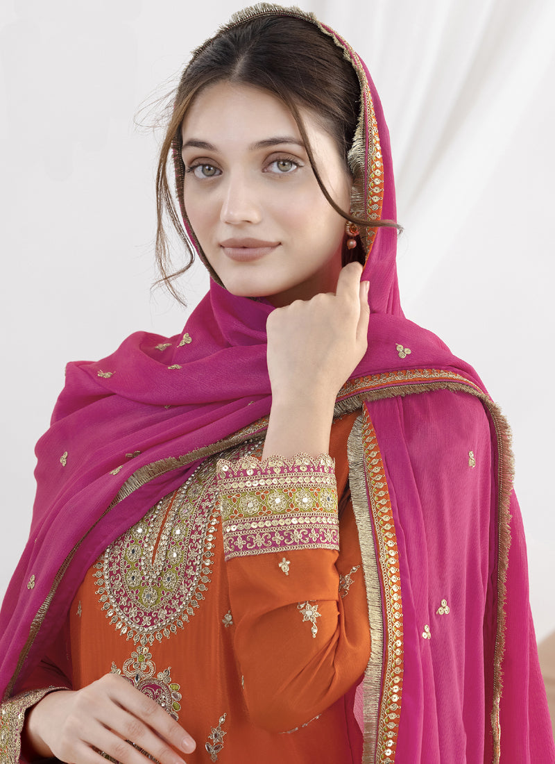 Vegaa Fashion Orange Chinon Silk Embroidered Designer Salwar Suit | Grocsy