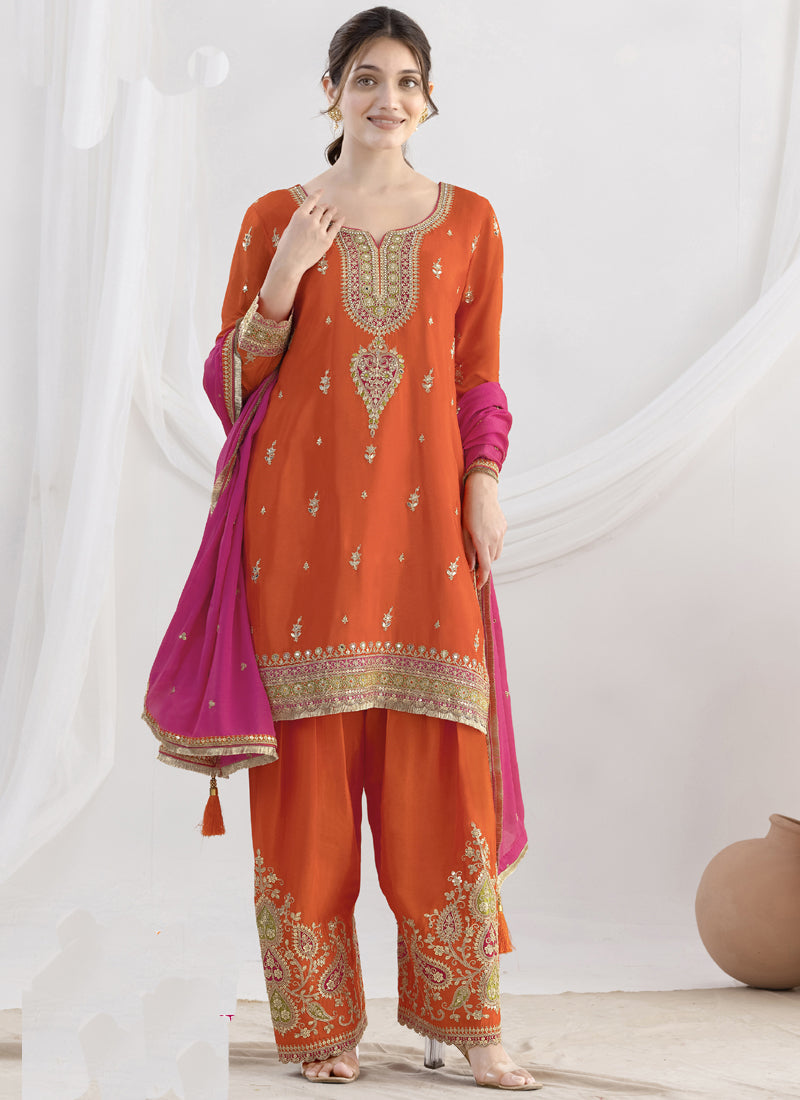 Vegaa Fashion Orange Chinon Silk Embroidered Designer Salwar Suit | Grocsy
