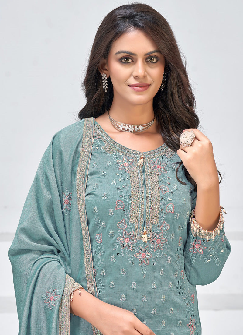 Vegaa Fashion Grey Vichitra Silk Embroidered Palazzo Suit | Grocsy