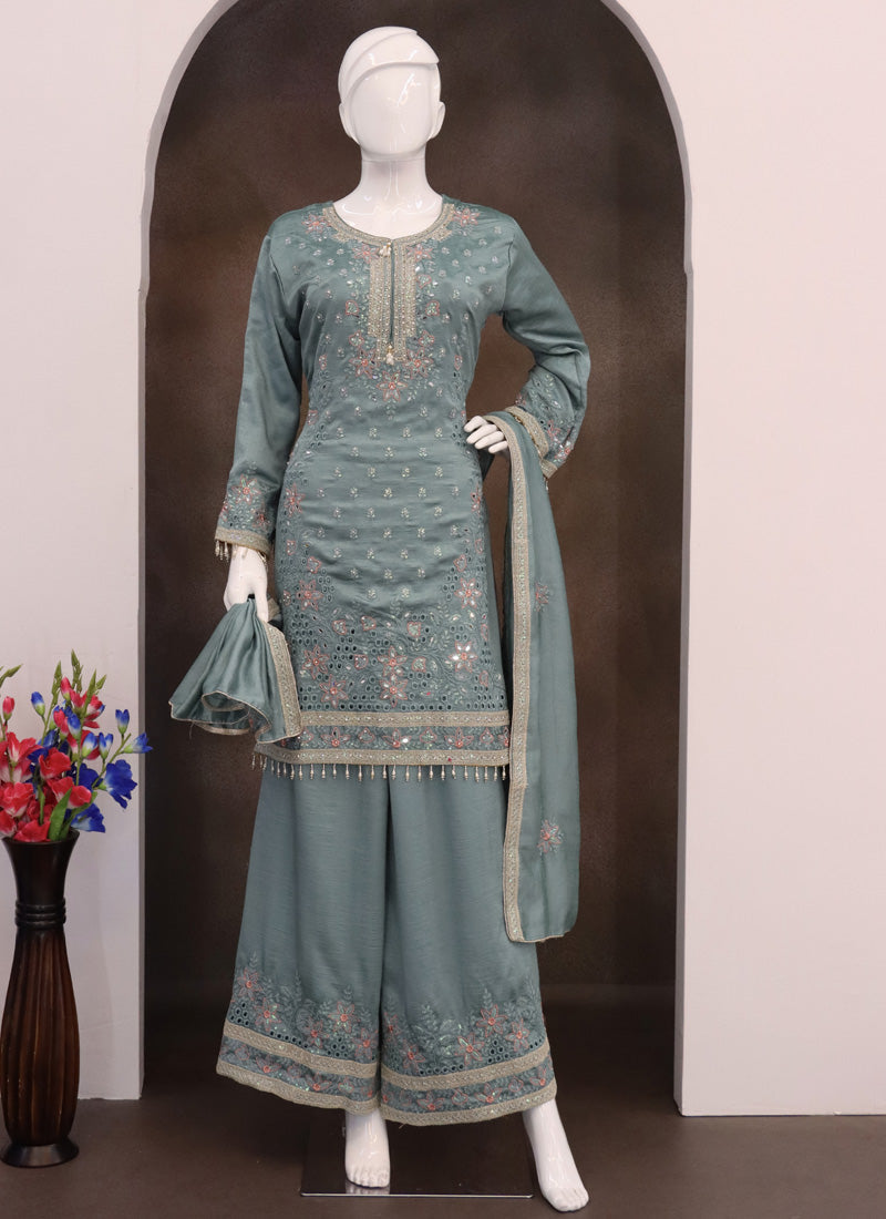 Vegaa Fashion Grey Vichitra Silk Embroidered Palazzo Suit | Grocsy