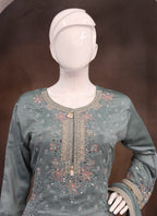 Vegaa Fashion Grey Vichitra Silk Embroidered Palazzo Suit | Grocsy