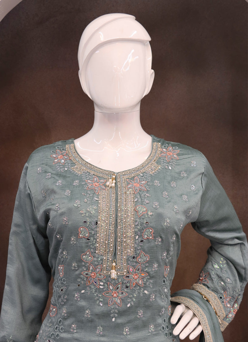 Vegaa Fashion Grey Vichitra Silk Embroidered Palazzo Suit | Grocsy