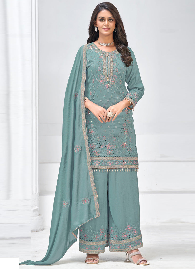Vegaa Fashion Grey Vichitra Silk Embroidered Palazzo Suit | Grocsy