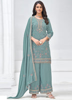 Vegaa Fashion Grey Vichitra Silk Embroidered Palazzo Suit | Grocsy