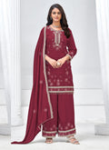 Vegaa Fashion Maroon Vichitra Silk Embroidered Palazzo Suit | Grocsy