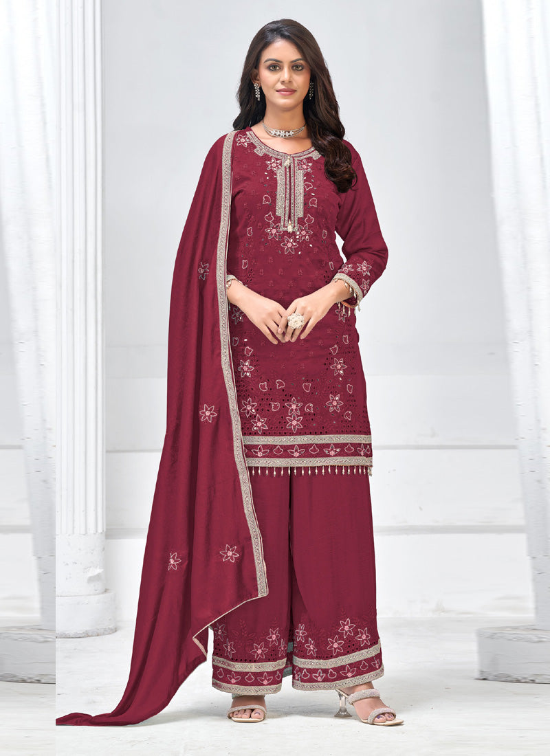 Vegaa Fashion Maroon Vichitra Silk Embroidered Palazzo Suit | Grocsy