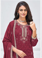 Vegaa Fashion Maroon Vichitra Silk Embroidered Palazzo Suit | Grocsy