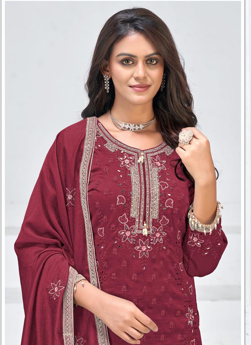 Vegaa Fashion Maroon Vichitra Silk Embroidered Palazzo Suit | Grocsy