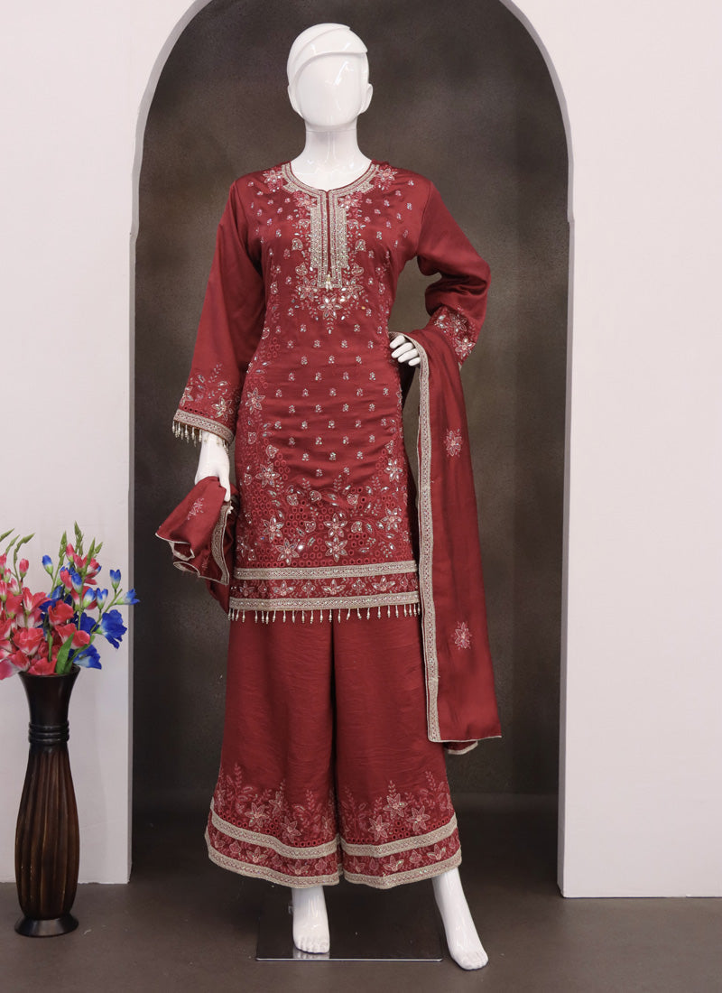 Vegaa Fashion Maroon Vichitra Silk Embroidered Palazzo Suit | Grocsy