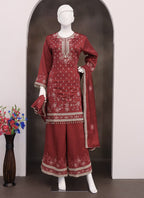 Vegaa Fashion Maroon Vichitra Silk Embroidered Palazzo Suit | Grocsy