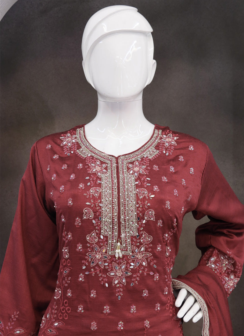 Vegaa Fashion Maroon Vichitra Silk Embroidered Palazzo Suit | Grocsy