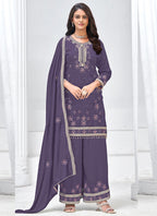 Vegaa Fashion Violet Vichitra Silk Embroidered Palazzo Suit | Grocsy