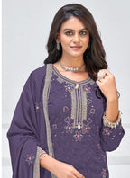 Vegaa Fashion Violet Vichitra Silk Embroidered Palazzo Suit | Grocsy